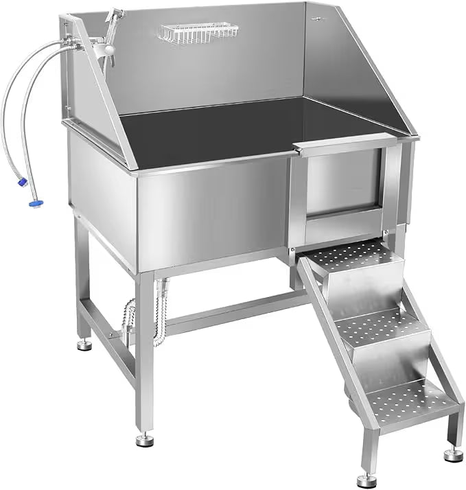 Stainless steel animal washing station with steps on a white background