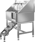 Stainless steel industrial washer with steps on a white background