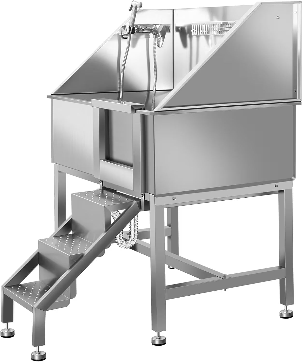 Stainless steel industrial washer with steps on a white background
