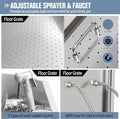 A product feature infographic for a pet bath faucet system, showing close-up views of a chrome floor grate, adjustable spray head, hose connections, and text highlighting non-slip, detailed, and no-sock features.
