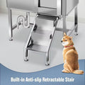 Stainless steel built-in anti-slip retractable stair with a dog sitting next to it on a gray background.