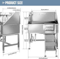 Stainless steel kitchen equipment with dimensions labeled
