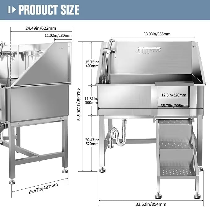 Stainless steel kitchen equipment with dimensions labeled