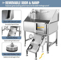 Stainless steel equipment with removable door, ramp, and features highlighted.