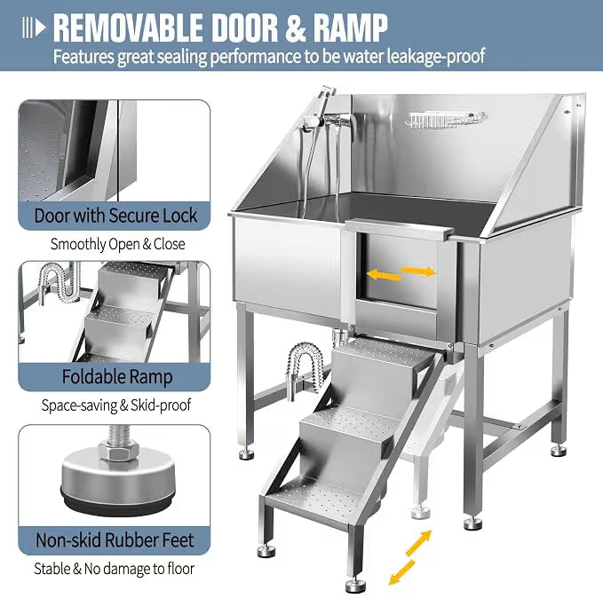 Stainless steel equipment with removable door, ramp, and features highlighted.