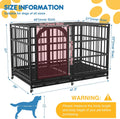 Black metal pet crate with a burgundy mesh door, shown with dimension labels and size information text on a white background.