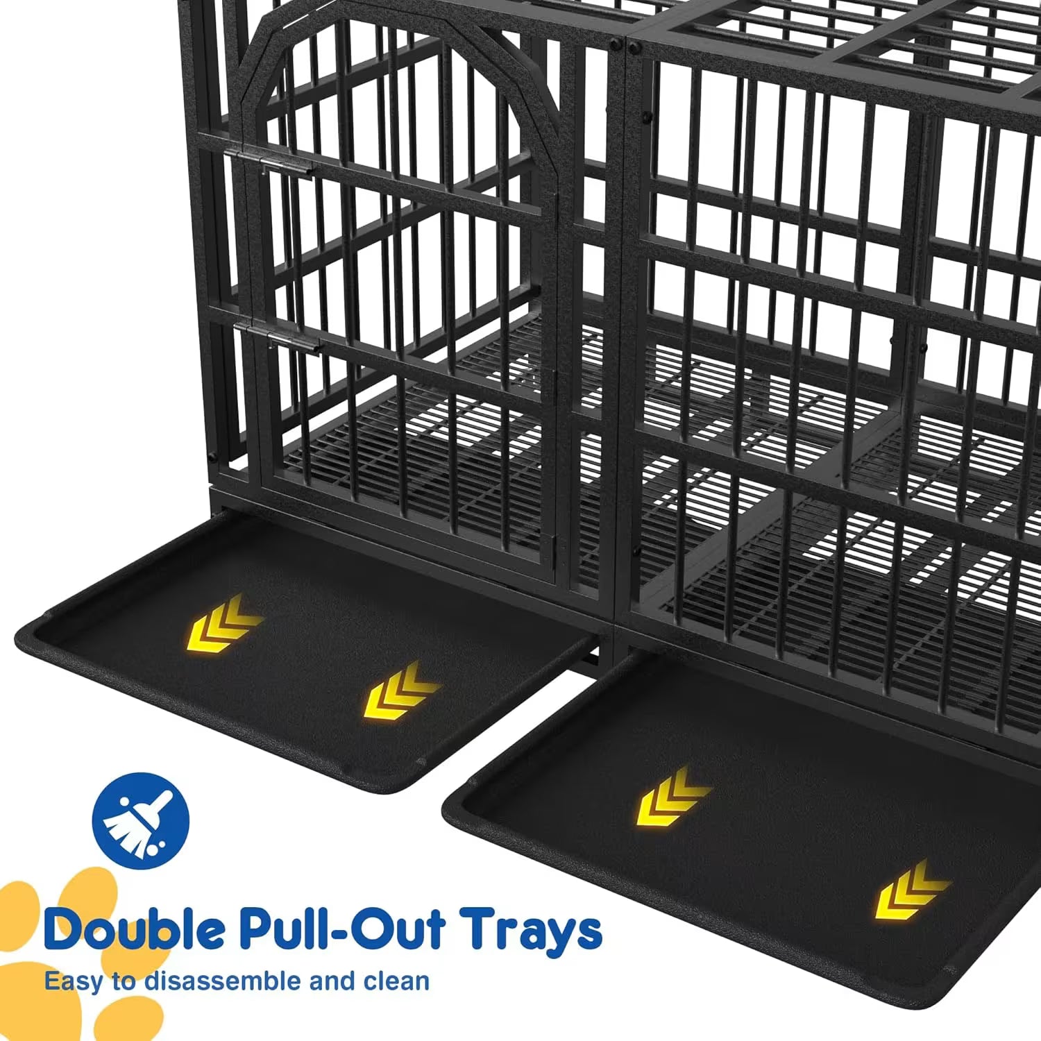Black metal pet crate with two pull-out cleaning trays attached, shown on a white background with text reading 'Double Pull-Out Trays' and a blue cleaning brush icon.