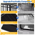 A promotional comparison graphic titled 'Upgrade Practicality Comparison' showing six panels with a black metal cage/pen and a black tray, each paired with a 'VS' panel of a thinner, less durable alternative. Text overlays describe durability, security, and material improvements.