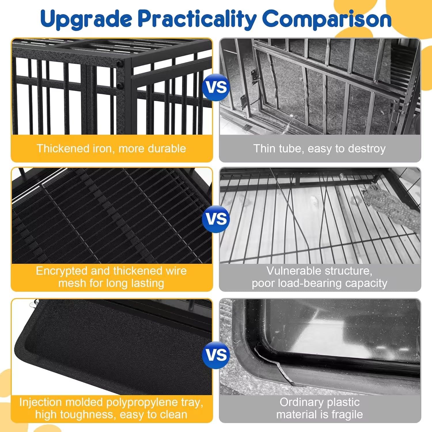 A promotional comparison graphic titled 'Upgrade Practicality Comparison' showing six panels with a black metal cage/pen and a black tray, each paired with a 'VS' panel of a thinner, less durable alternative. Text overlays describe durability, security, and material improvements.