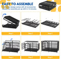Instructional assembly diagram for a black metal pet crate, showing six steps from Step 1 to Step 6 on a white background with blue and yellow text and accents.