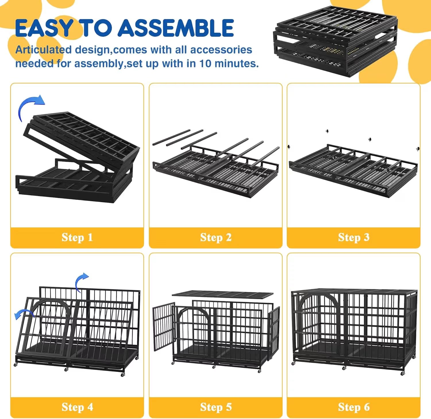 Instructional assembly diagram for a black metal pet crate, showing six steps from Step 1 to Step 6 on a white background with blue and yellow text and accents.