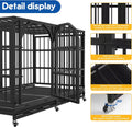 Black metal dog crate with a sliding door and caster wheels, shown on a white background with feature callout panels and a blue 'Detail display' header.