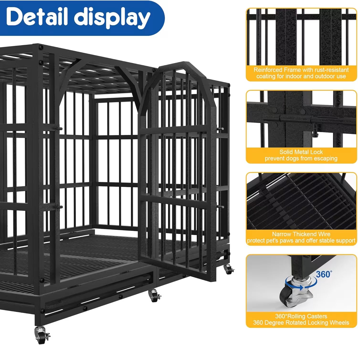Black metal dog crate with a sliding door and caster wheels, shown on a white background with feature callout panels and a blue 'Detail display' header.