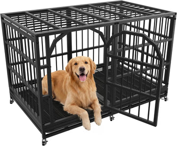 48 Inch Heavy Duty Dog Crate with Wheels, Escape Proof Large Dog Kennel, Indestructible Indoor Dog Cage with Double Locks & Removable Tray, Black