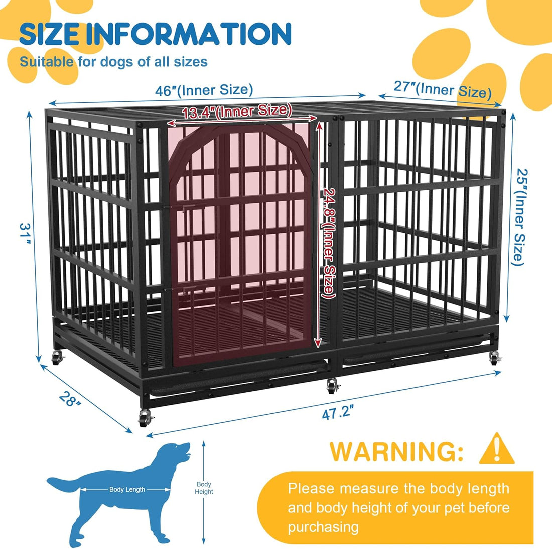 48 Inch Heavy Duty Dog Crate with Wheels, Escape Proof Large Dog Kennel, Indestructible Indoor Dog Cage with Double Locks & Removable Tray, Black