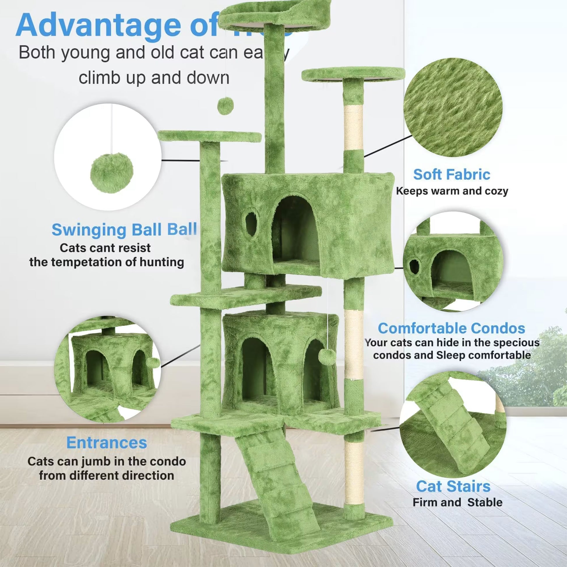 Green cat tree with features highlighted on a white background