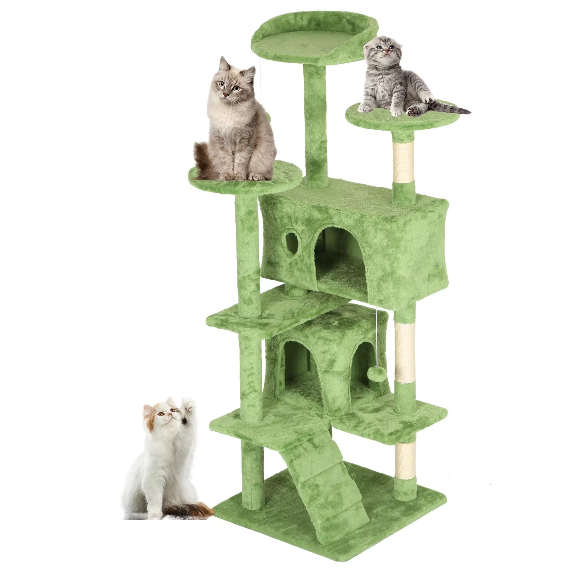 Green cat tree with multiple levels and platforms, featuring three cats on different levels.