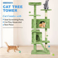 Green cat tree tower with cats on different levels, featuring text about features.
