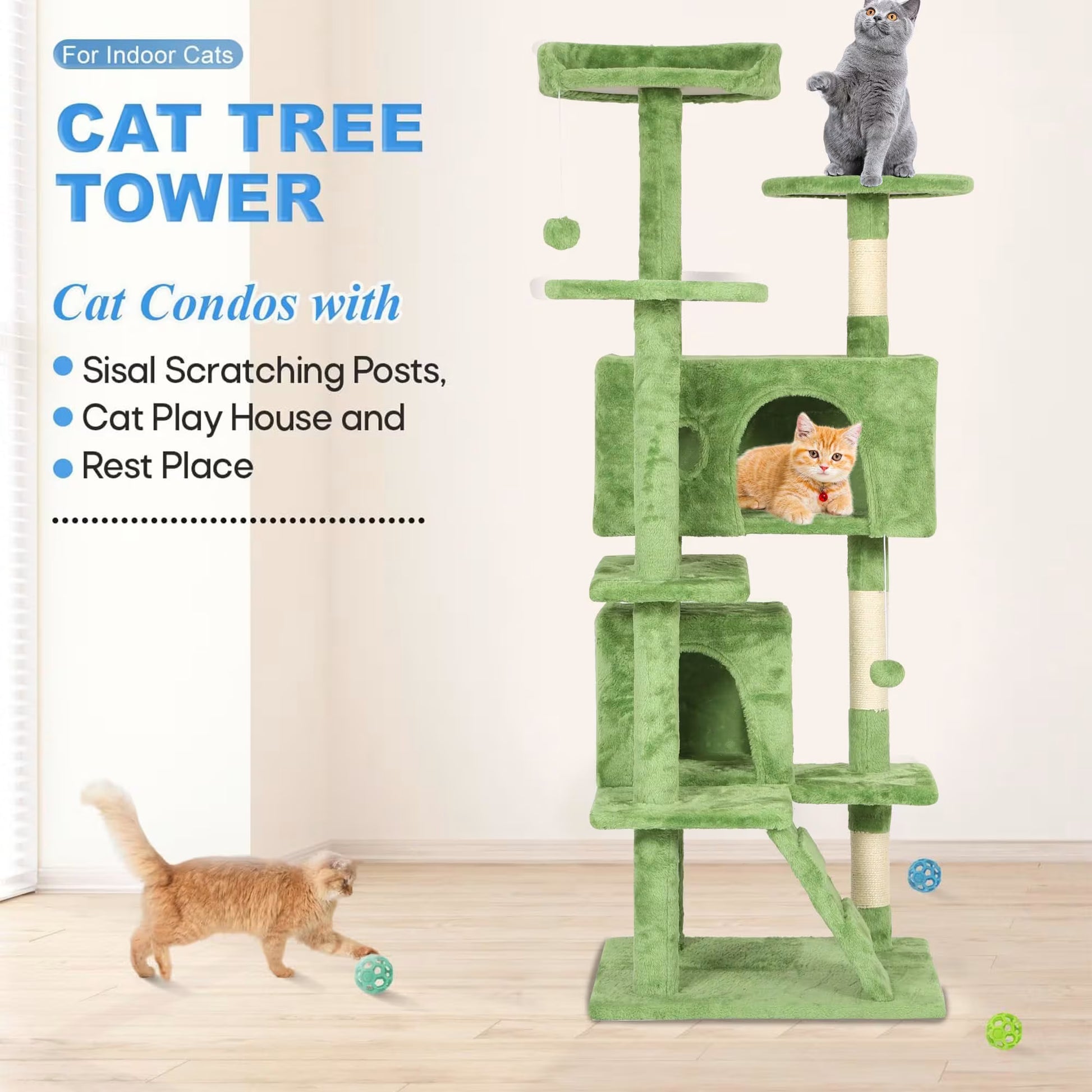 Green cat tree tower with cats on different levels, featuring text about features.