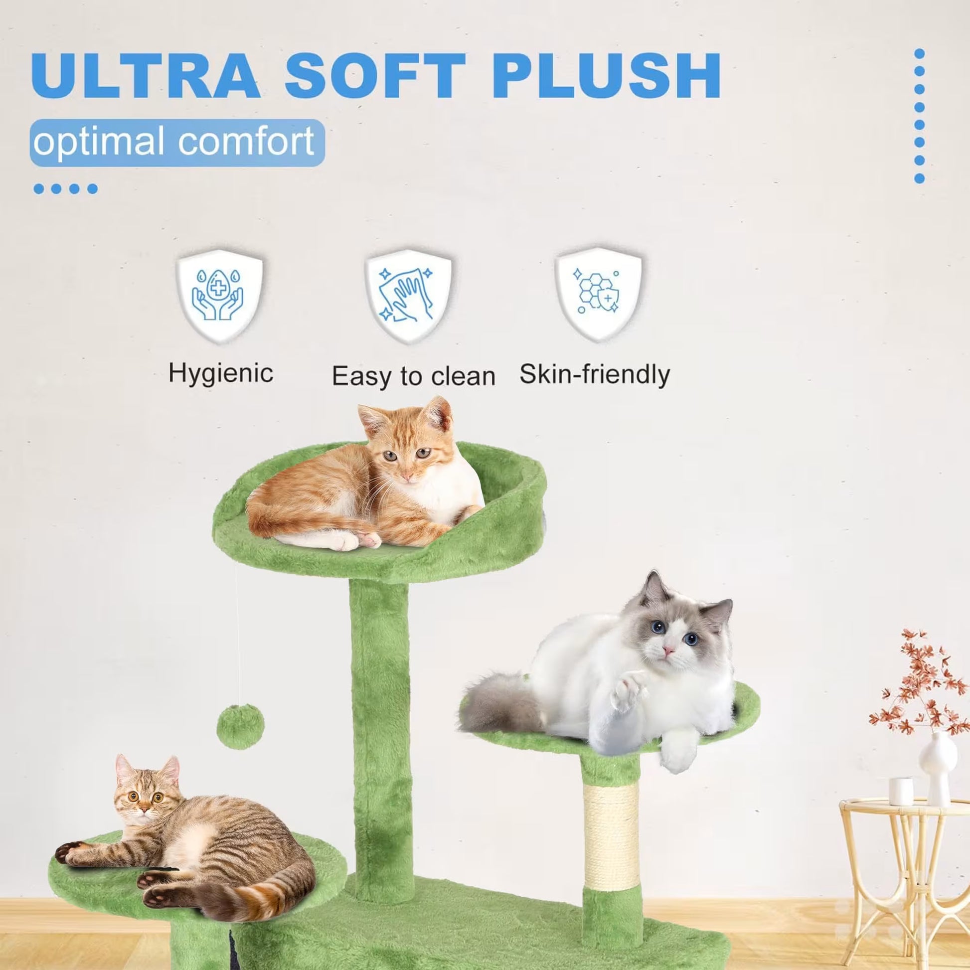 Cat tree with cats on a light gray background, featuring text about comfort and cat tree features.