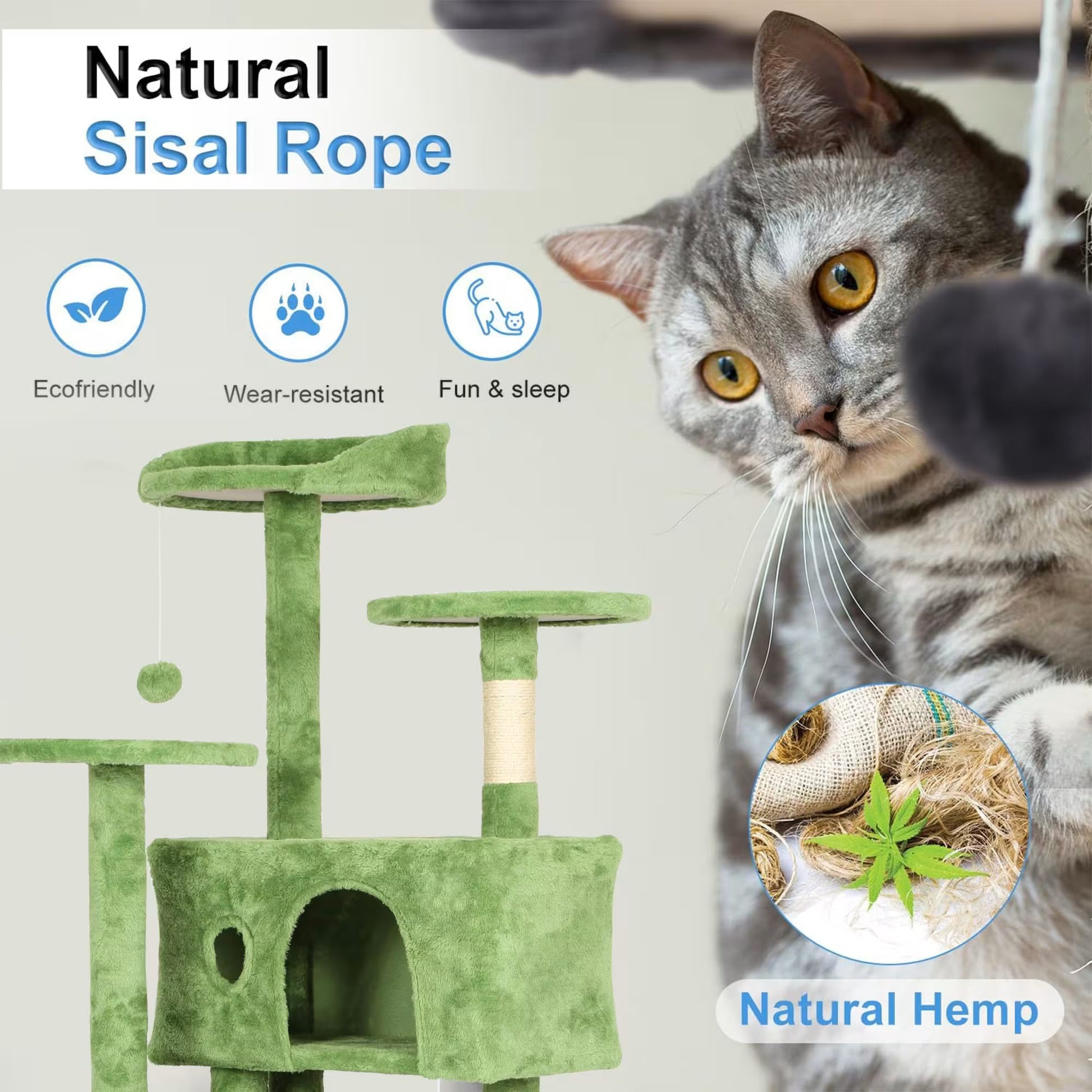 Cat tree with natural sisal rope and hemp, featuring a cat and product details.