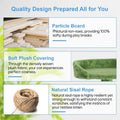 Product features including particle board, soft plush covering, and natural sisal rope for a cat bed.