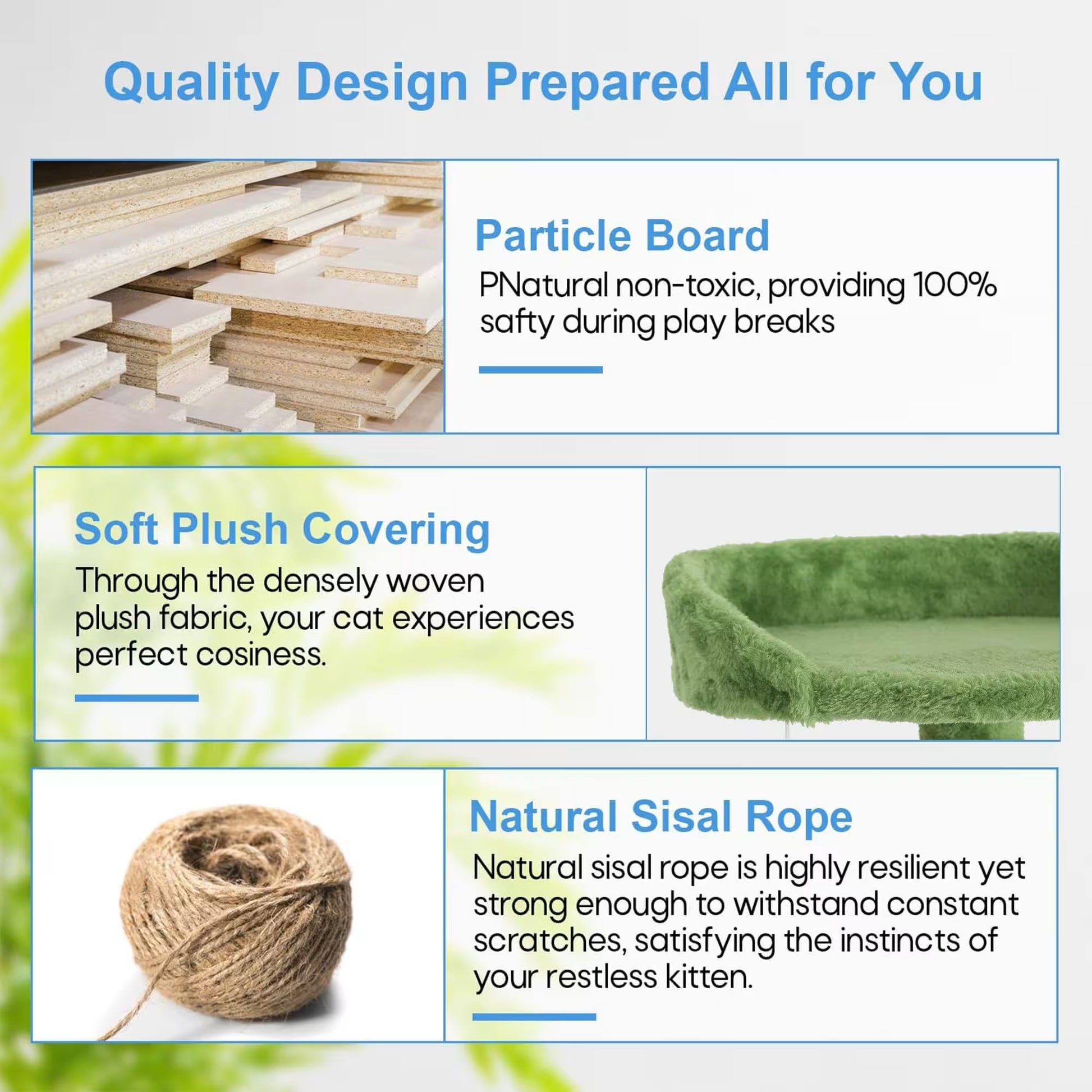 Product features including particle board, soft plush covering, and natural sisal rope for a cat bed.