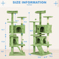 Size information diagram for a green cat tree, showing front and side measurements in inches with blue arrows and labels on a light beige background.