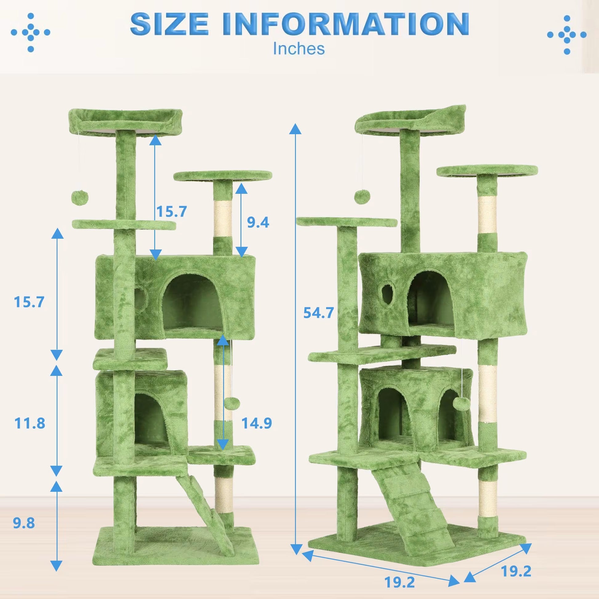 Size information diagram for a green cat tree, showing front and side measurements in inches with blue arrows and labels on a light beige background.