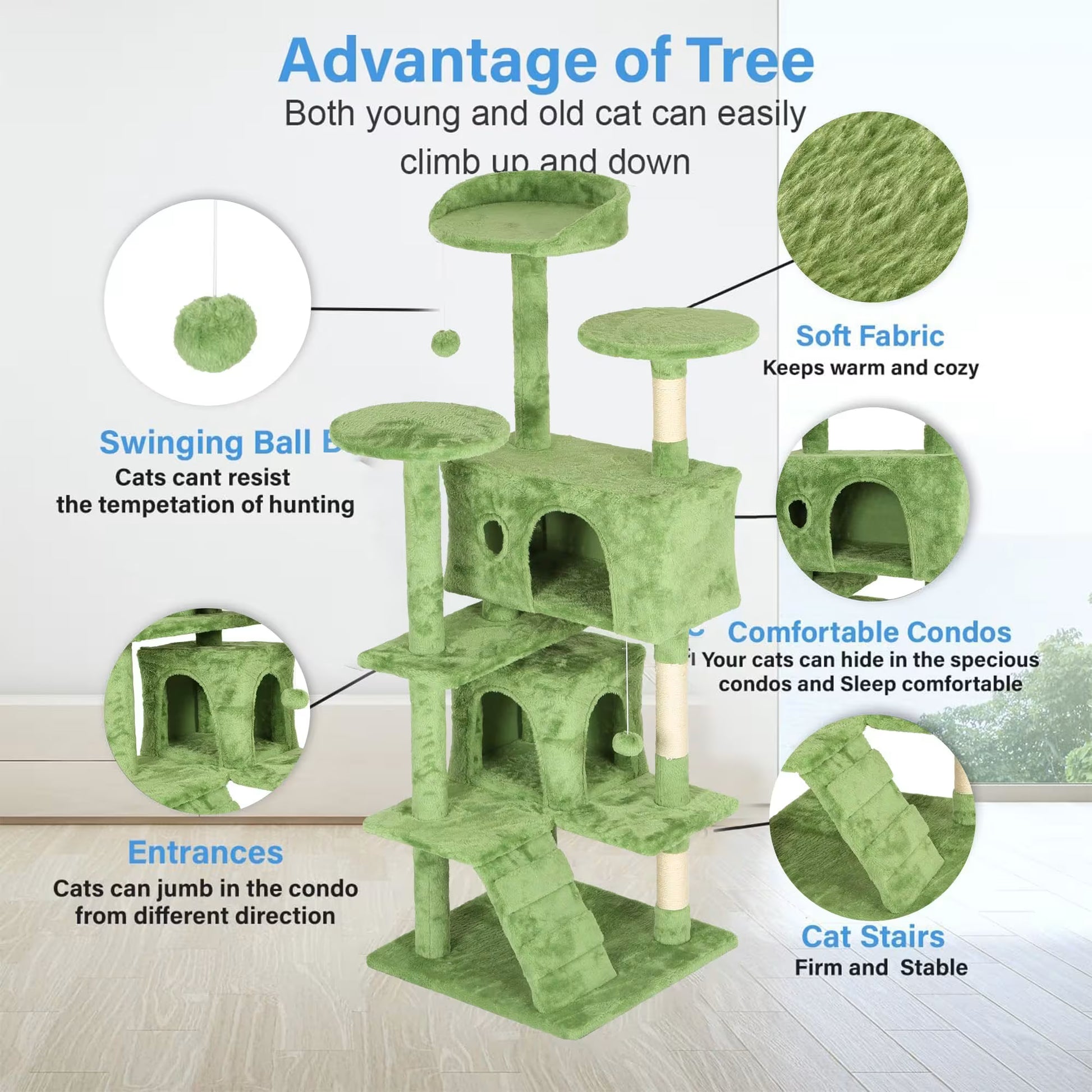 Green cat tree with features highlighted on a white background