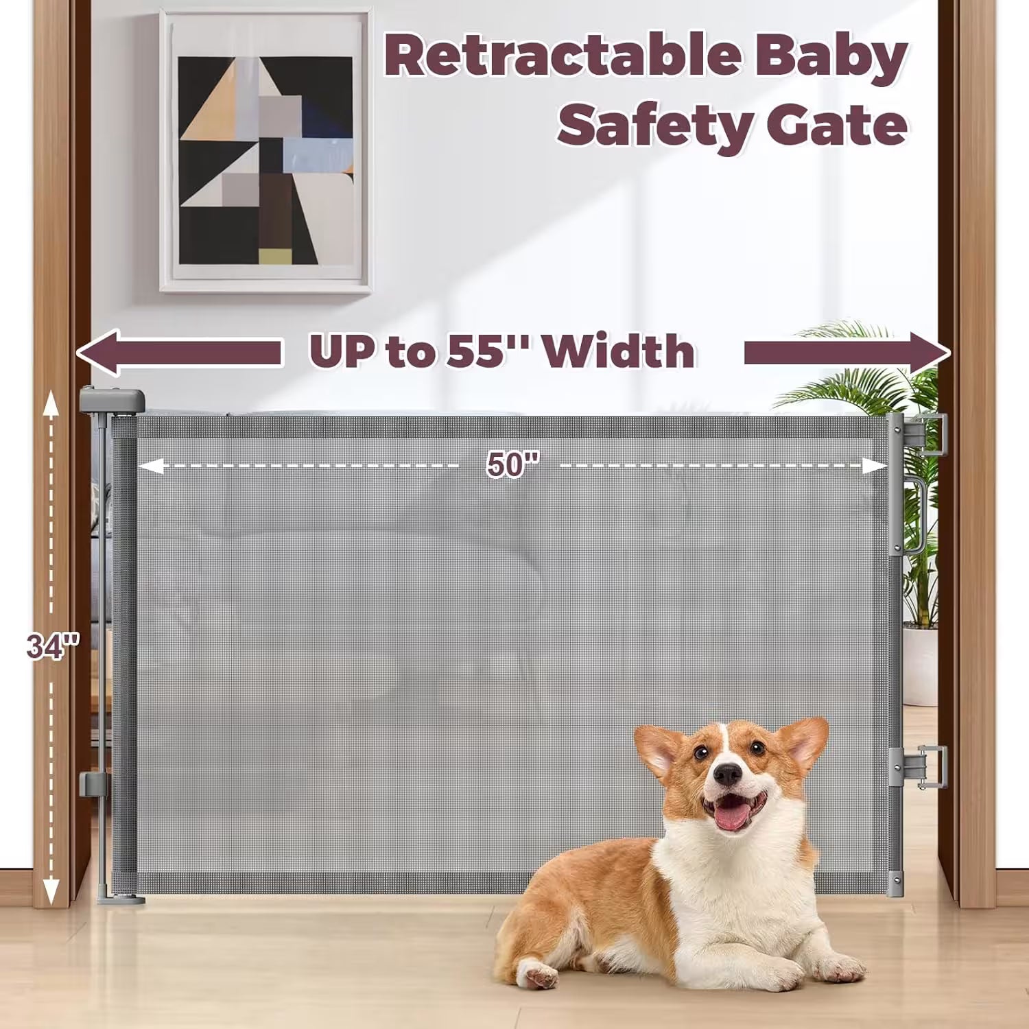 Retractable baby safety gate with a dog on a wooden floor, showing dimensions.