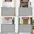 Retractable baby gate shown in various settings: indoor kitchen, stairways, and outdoor.