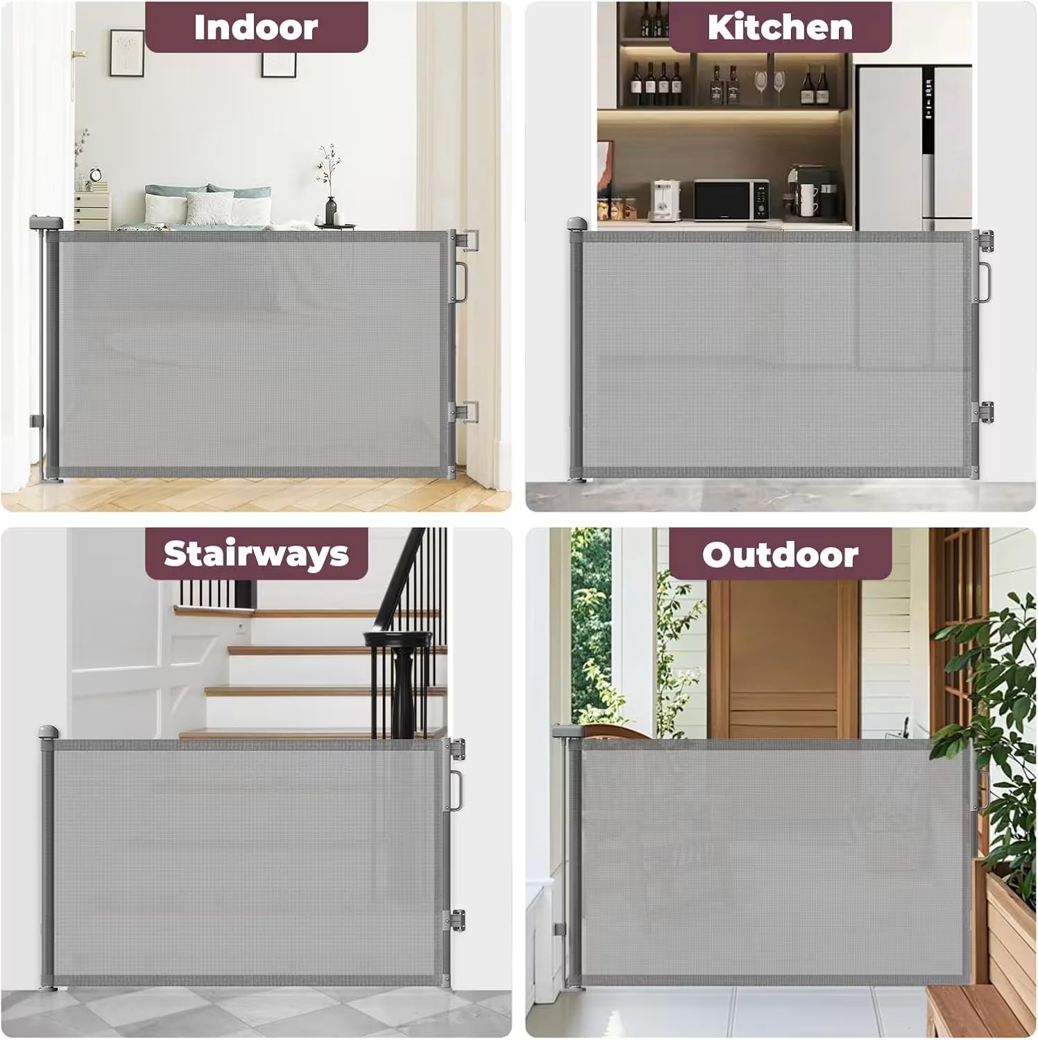 Retractable baby gate shown in various settings: indoor kitchen, stairways, and outdoor.
