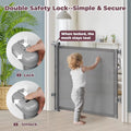 Child safety gate with double safety lock mechanism, child attempting to open it.