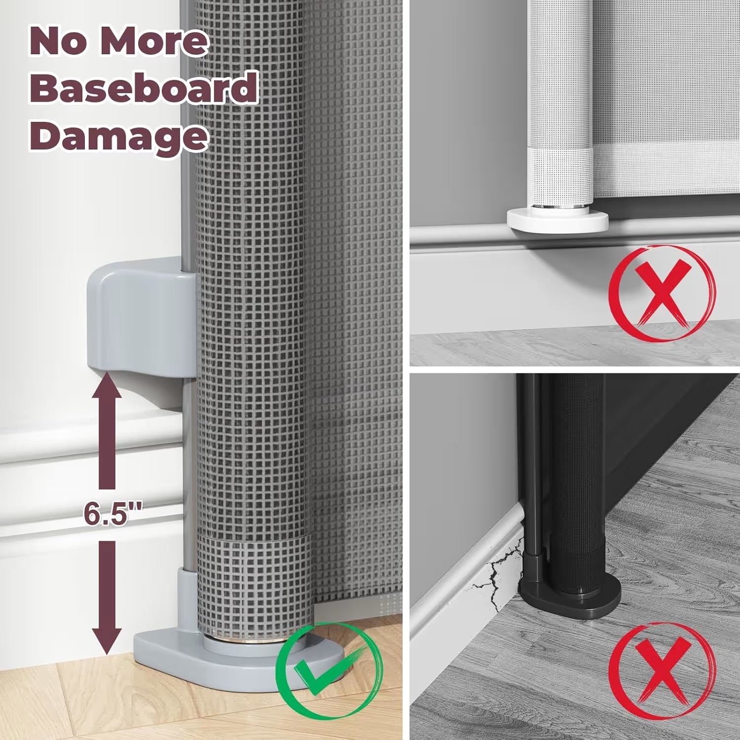 Baseboard protector with text 'No More Baseboard Damage' and comparison of protected vs unprotected baseboards.