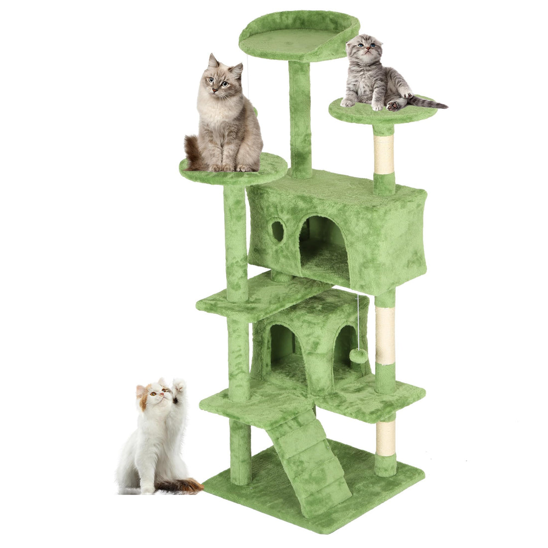 54 Inch Cat Tree Tower for Indoor Cats, Multi-Level Cat Activity Center with Sisal Scratching Posts, Cat Condos, Plush Perches, Hanging Toys, Green