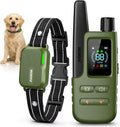 Green dog training collar with remote control and a dog sitting next to it on a white background