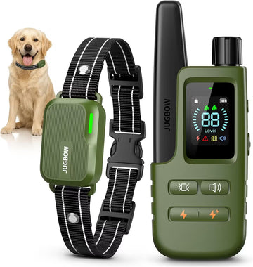 Green dog training collar with remote control and a dog sitting next to it on a white background