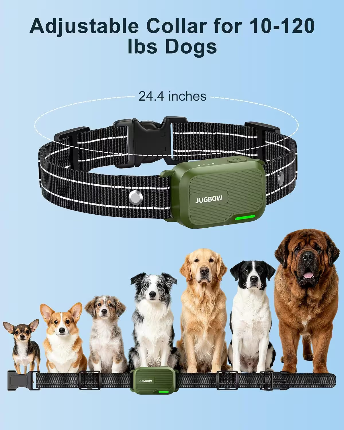 Adjustable dog collar with a green JUGBOW brand electronic module, shown on a light blue background with text reading 'Adjustable Collar for 10-120 lbs Dogs' and '24.4 inches.