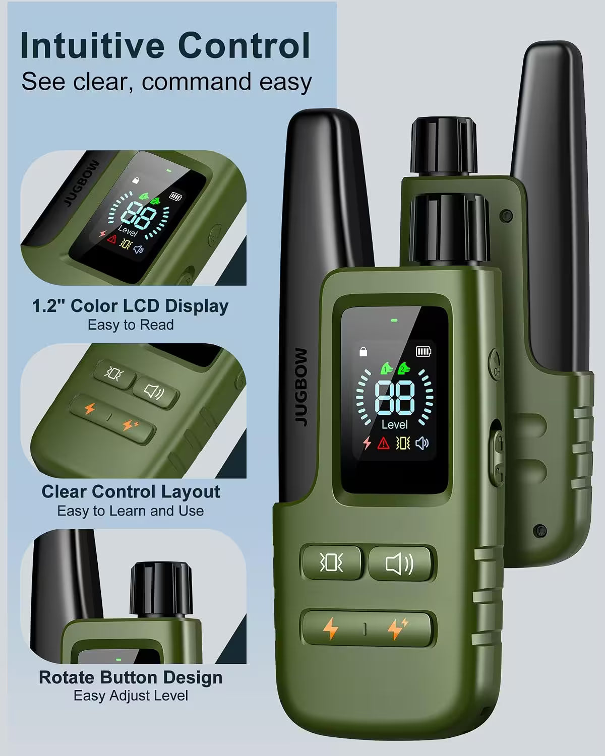 Green electronic device with a color LCD display on a light blue background