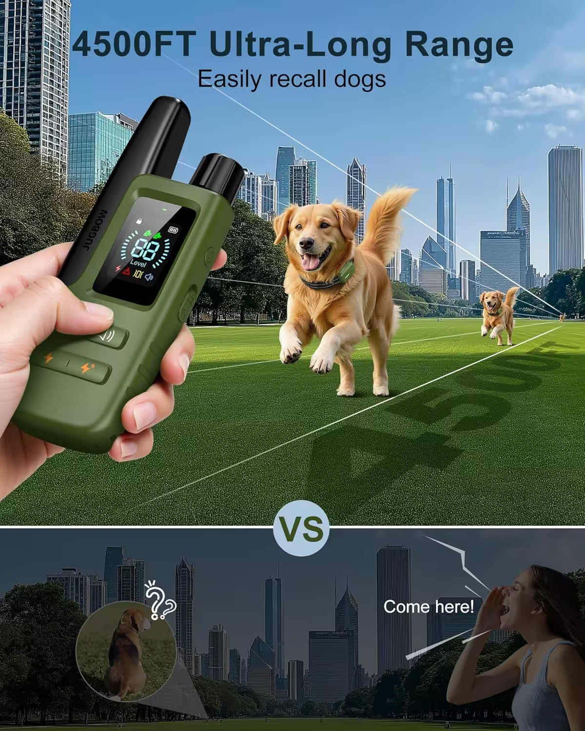 Dog training device with a cityscape background, showing range and recall features.