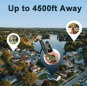 A promotional graphic for a handheld pet tracker device. A hand holds the black and green tracker in the center, with a large location pin overlay covering the hand.