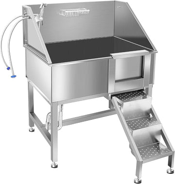 38 Inch Stainless Steel Dog Washing Station, Professional Pet Grooming Tub with Anti-Slip Ramp, Removable Door & 3-Step Stairs