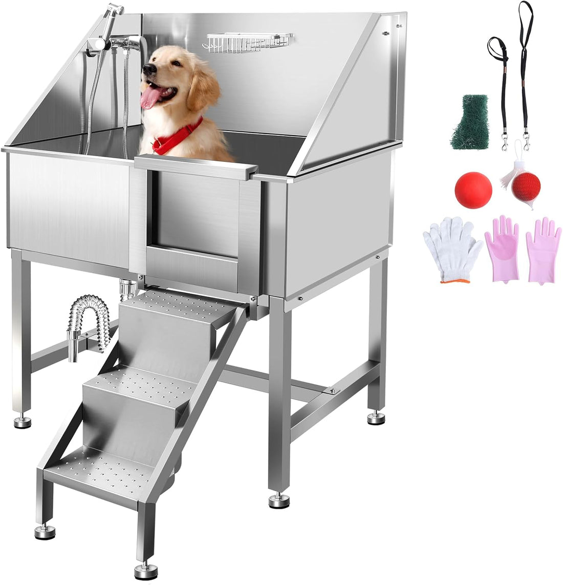 38 Inch Stainless Steel Dog Washing Station, Professional Pet Grooming Tub with Anti-Slip Ramp, Removable Door & 3-Step Stairs