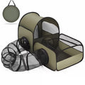 An olive green and black pop-up pet playpen set with a tunnel, shown open with a small ball accessory in the upper left, on a white background.