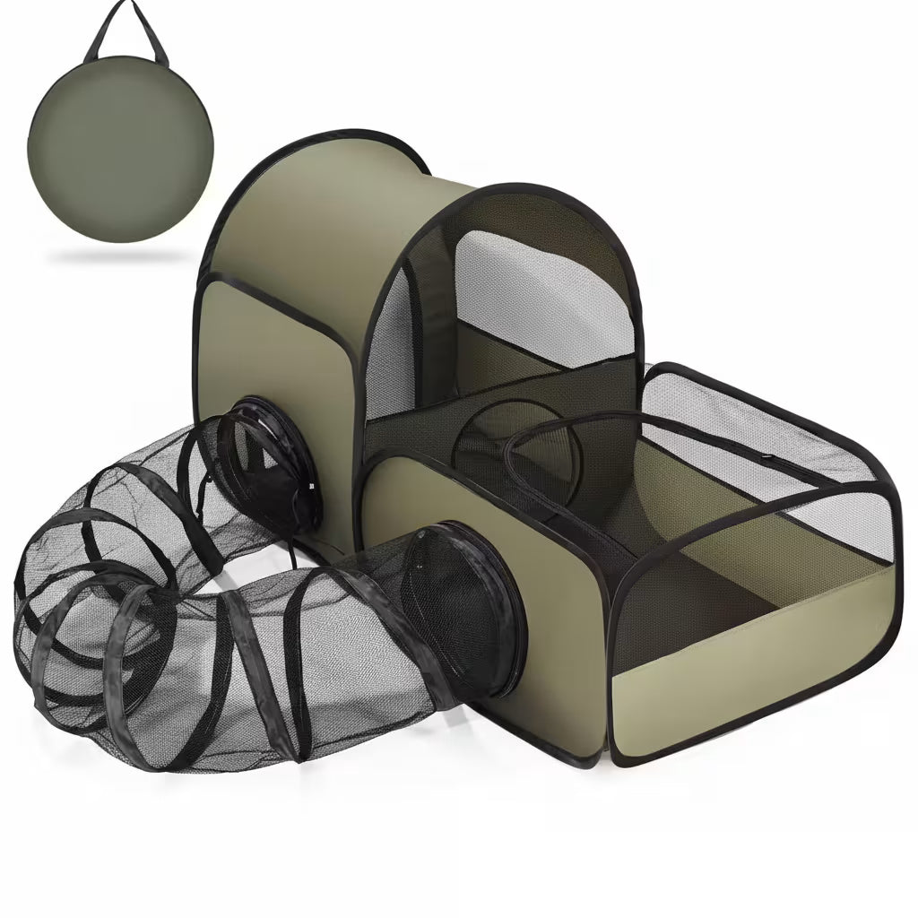 An olive green and black pop-up pet playpen set with a tunnel, shown open with a small ball accessory in the upper left, on a white background.