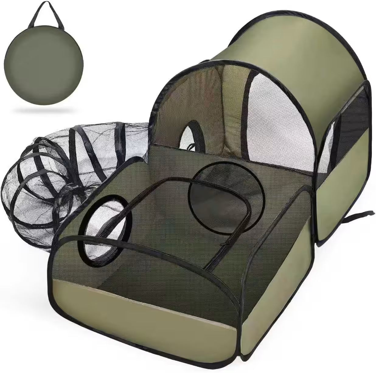 Green pop-up tent with carrying bag on a white background