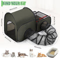 A foldable cat playhouse and tunnel set shown with dimension labels and small cat photos along the bottom. The main product is an olive green pop-up cat tent with a mesh tunnel extension and a small litter box pictured at lower right.