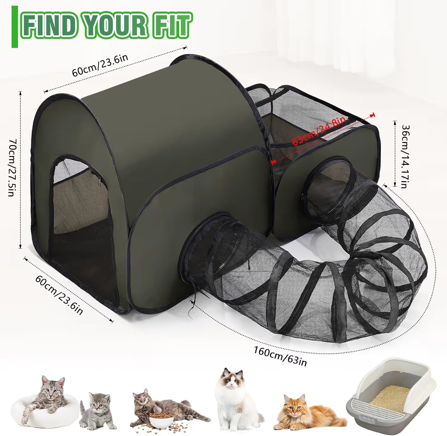 A foldable cat playhouse and tunnel set shown with dimension labels and small cat photos along the bottom. The main product is an olive green pop-up cat tent with a mesh tunnel extension and a small litter box pictured at lower right.