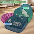 A multi-functional hamster playpen set shown in a living room setting with a cat inside. The set includes a teal green resting dome tent, a dark blue sunbathing enclosure, and a purple playing tunnel.